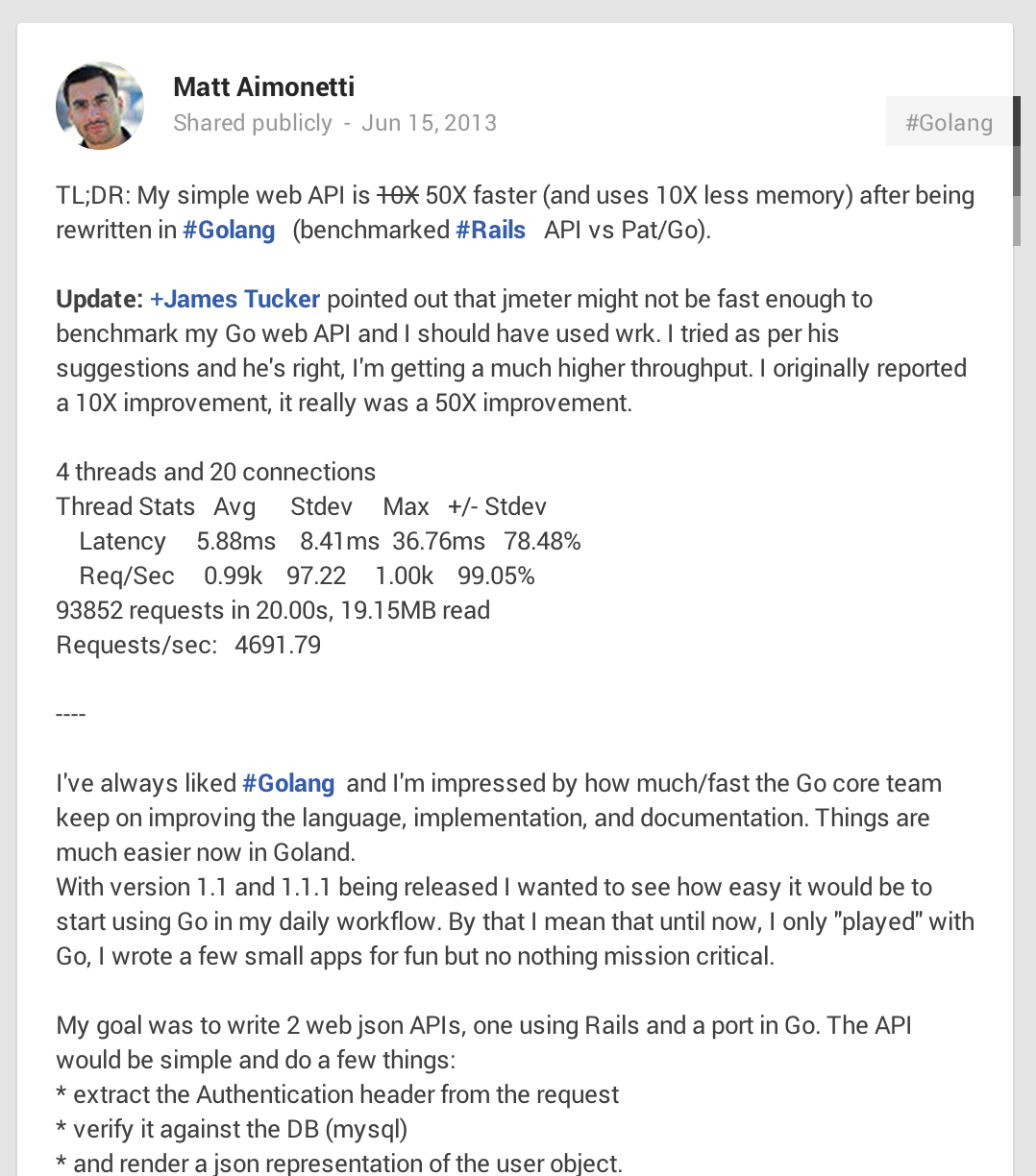 Matt Aimonetti’s Go vs Ruby post on Google+